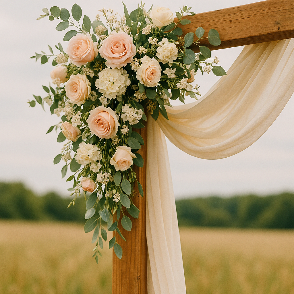Elegante Hochzeitsdekoration für freie Trauung mit Blumen